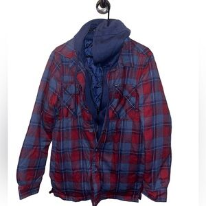 Men’s Red & Blue Plaid Warm Hooded Multi Layer Jacket Size Small
